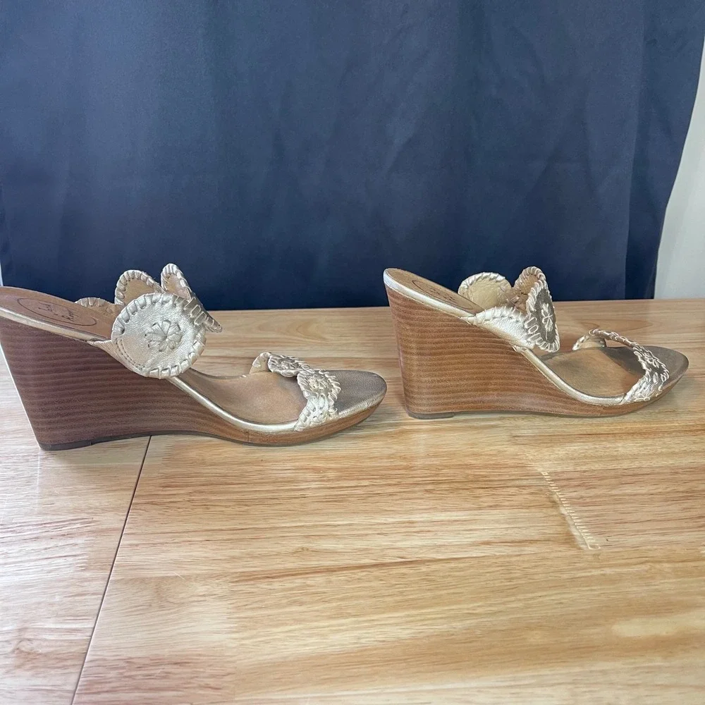 Jack Rogers Gold Metallic Leather Whipstitch Rondelle Wedge Sandals Womens 11M